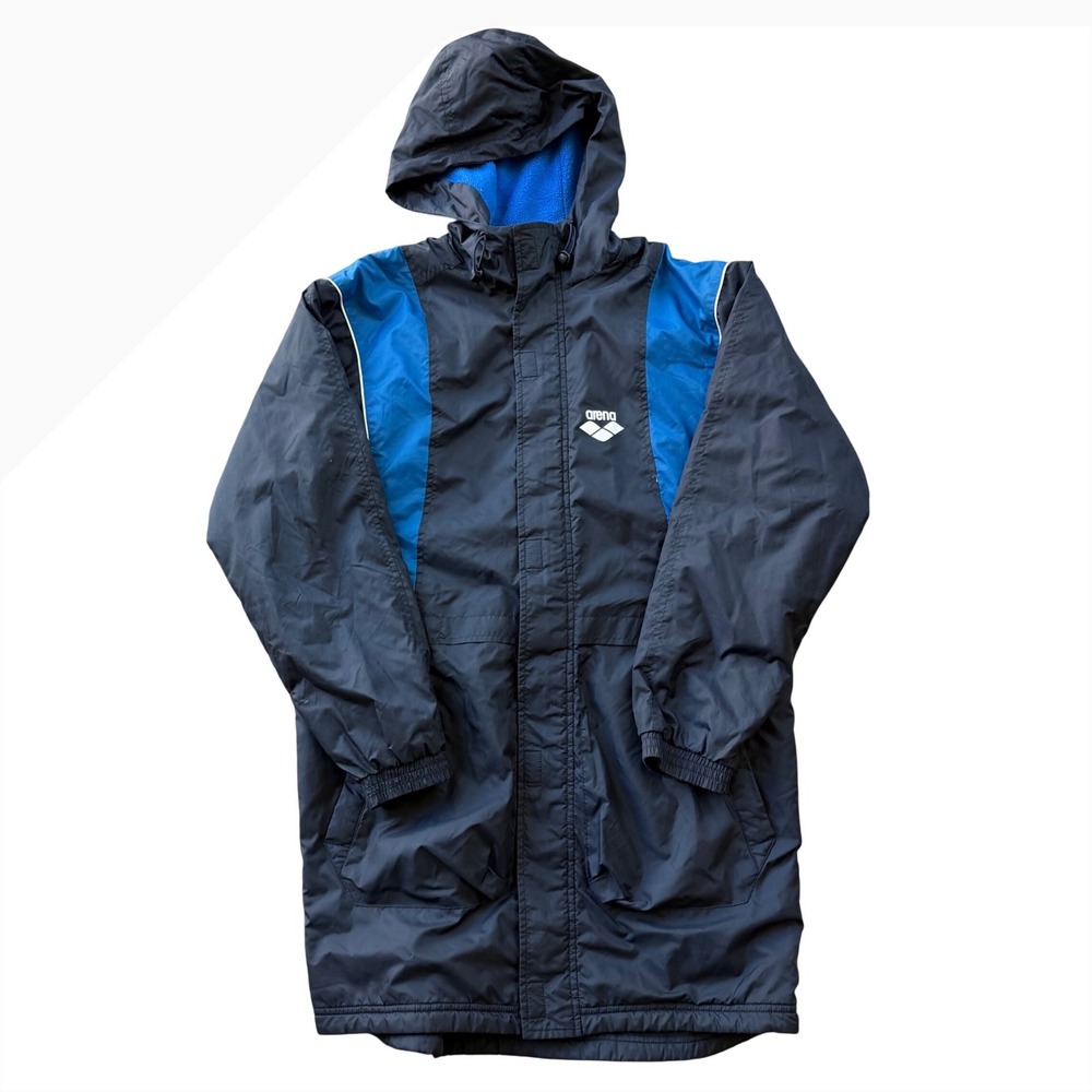 Arena Youth Swim Parka Black Blue Fleece-Lined Hooded Jacket Coat M/L